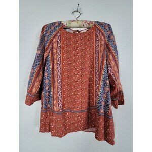J. Jill Womens Bohemian Floral Print 3/4 Sleeve Tunic Top Medium Orange/Blue